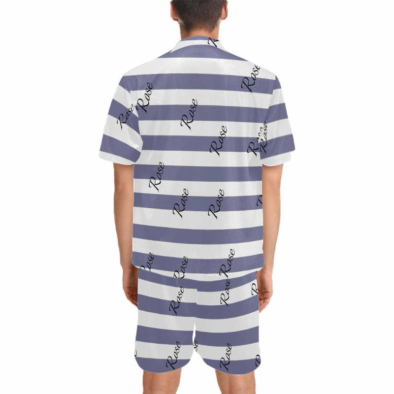 FacePajamas Pajama Personalized Name Pajamas for Men Summer Loungewear Custom Stripe Men's V-Neck Short Sleeve Pajama Set