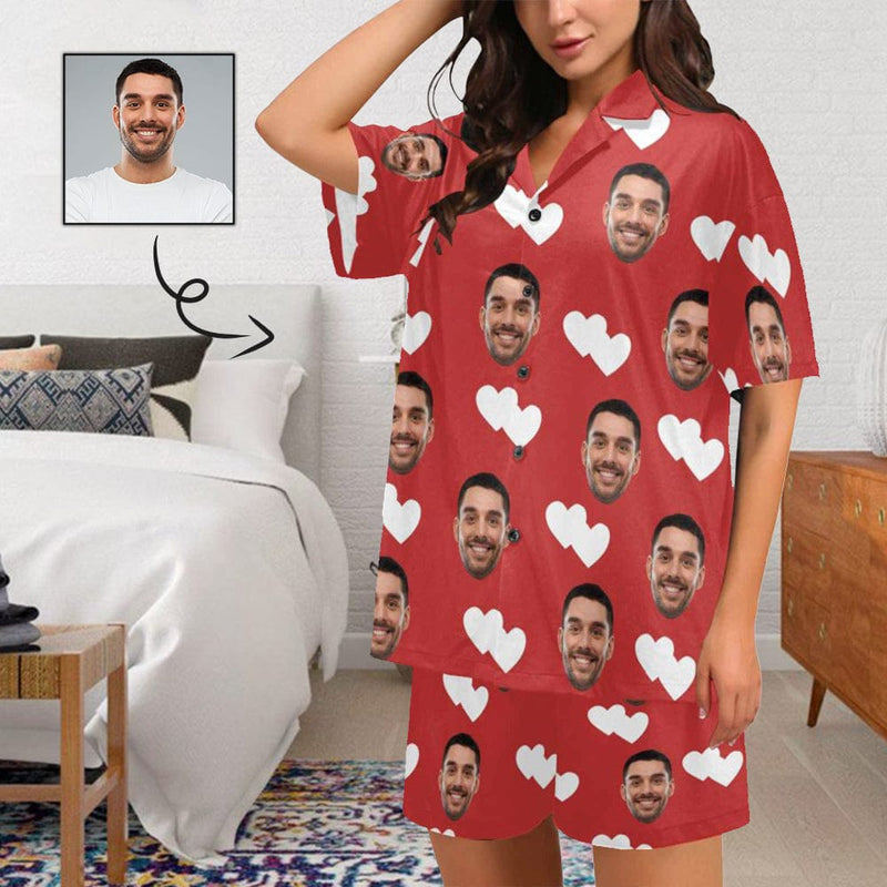 FacePajamas Pajama Personalized Pajamas with Photo Sleepwear Custom Face Double White Love Women's V-Neck Short Pajama Set
