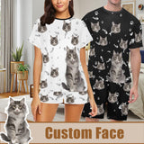 FacePajamas Pajama Personalized Pet Face Couple Pajamas Custom Cute Cat Couple Matching Crew Neck Short Pajama Set