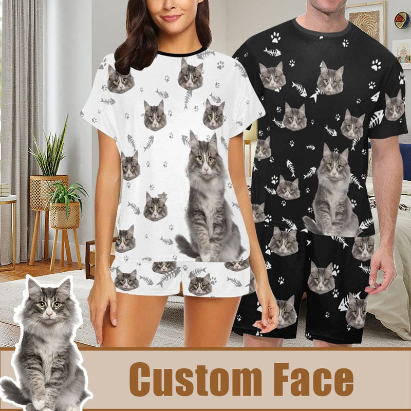 FacePajamas Pajama Personalized Pet Face Couple Pajamas Custom Cute Cat Couple Matching Crew Neck Short Pajama Set