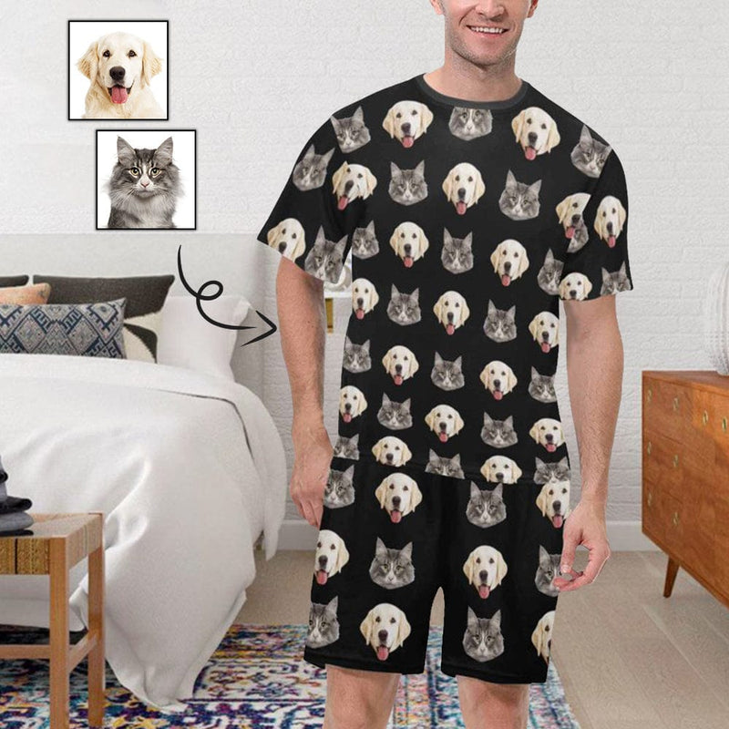 FacePajamas Pajama Personalized Pet Face Pajamas For Men Sleepwear Custom Dog Cat Men's Crew Neck Short Sleeve Pajama Set