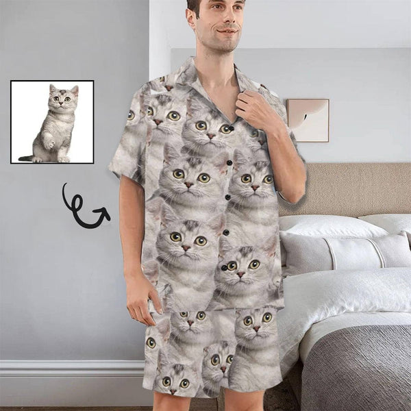 FacePajamas Pajama Personalized Pet Pajamas Summer Loungewear Custom Photo Cat Seamless Men's V-Neck Short Sleeve Pajama Set