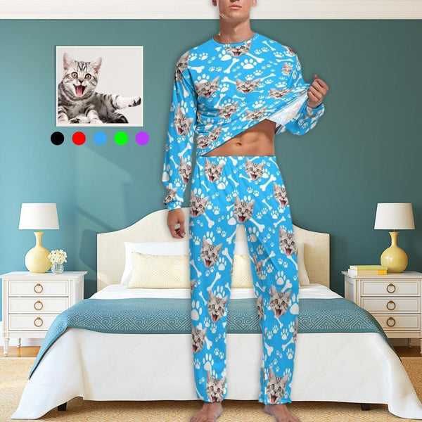 FacePajamas Pajama Personalized Photo Crewneck Long Pet Pajama Set Custom Face Cat's Footprints Men's Pajamas