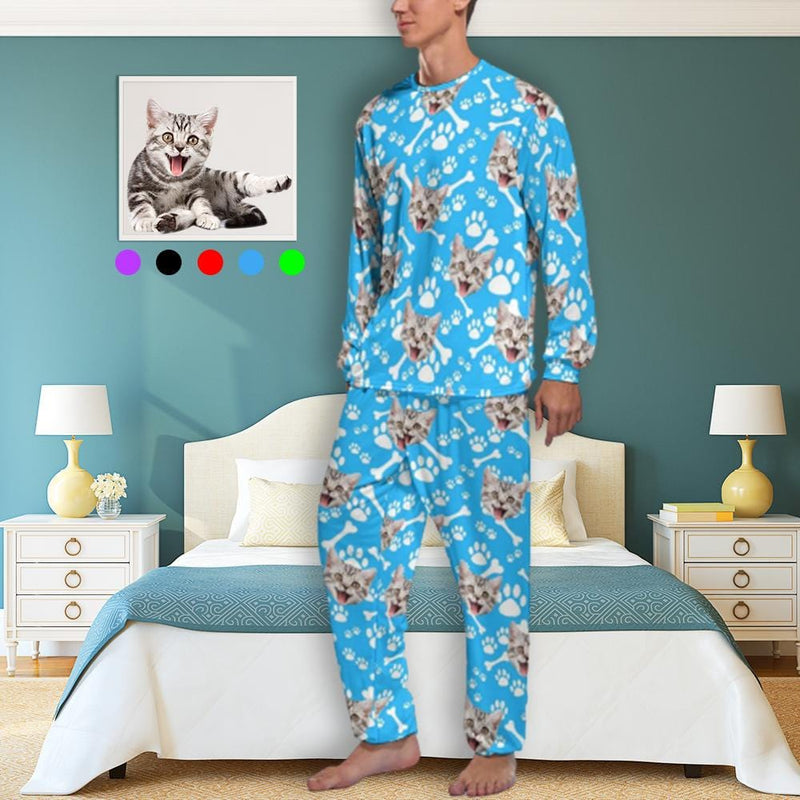 FacePajamas Pajama Personalized Photo Crewneck Long Pet Pajama Set Custom Face Cat's Footprints Men's Pajamas