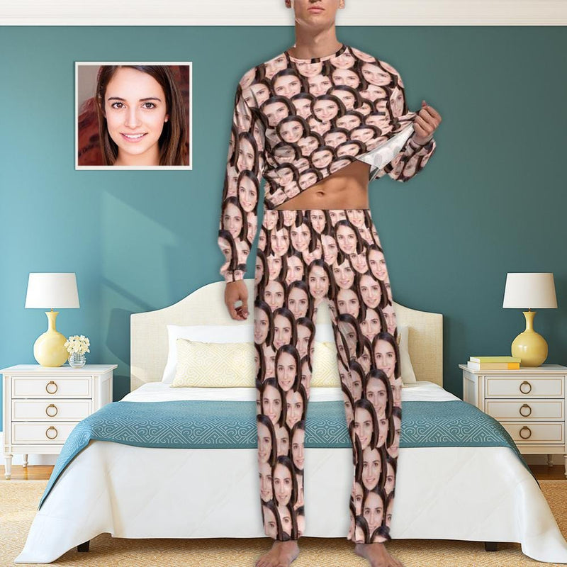 FacePajamas Pajama Personalized Photo Pajamas for Men Custom Face Lover's Head Crewneck Long Pajama Set Gifts for Couples