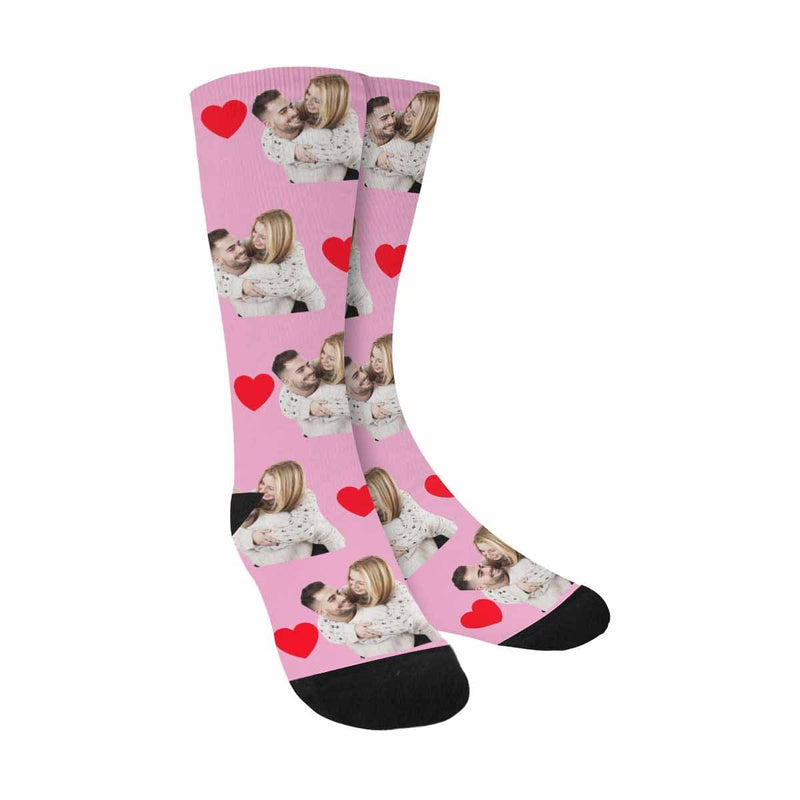 FacePajamas Sublimated Crew Socks Pink Custom Face Couple Socks Love Heart Sublimated Crew Socks Personalized Picture Socks Unisex Gift for Men Women