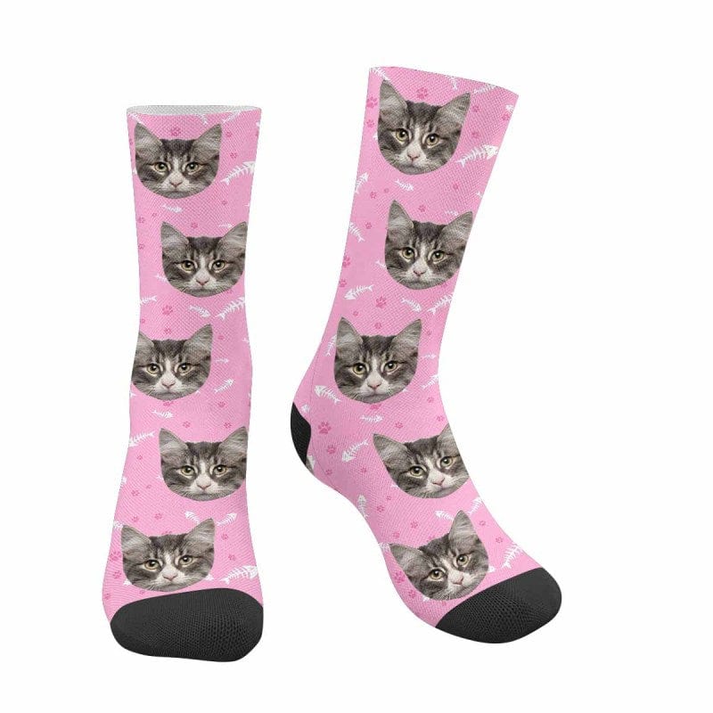 FacePajamas Sublimated Crew Socks Pink Custom Pet Sublimated Crew Socks Personalized Cat Face Novelty Socks Printed Photo Pet Socks Design Your Photo on Socks for Pet Lover