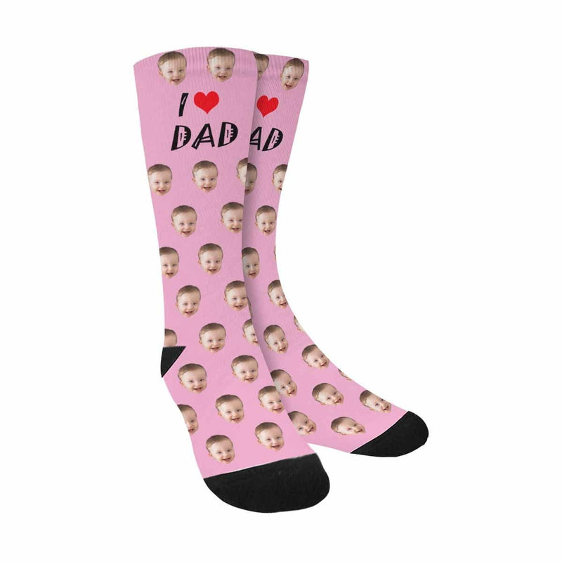 FacePajamas Sublimated Crew Socks Pink Custom Socks with Face Printed I Love Dad Sublimated Crew Socks Personalized Picture Socks Gift for Men