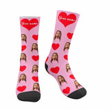 FacePajamas Sublimated Crew Socks Pink Happy Mother's Day | Custom Face&Name Red Heart Socks Personalized Cute Girlfriend Sublimated Crew Socks for Mom