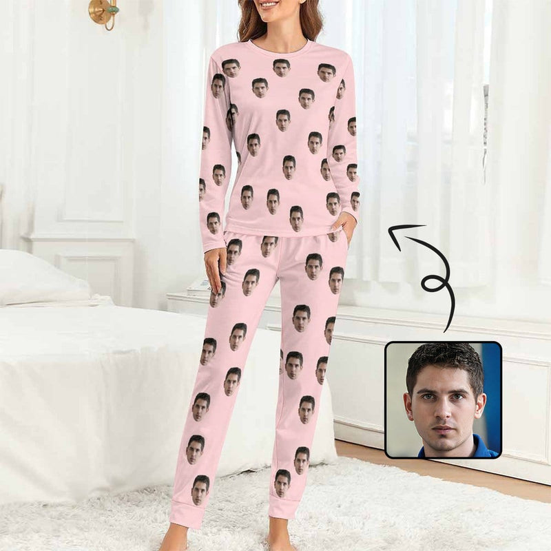 FacePajamas Pajama Pink / XS Custom Boyfriend Face Simple Sleepwear Personalized Women's Slumber Party Crewneck Long Pajamas Set