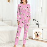 FacePajamas Pajama Pink / XS Custom Pet Dog's Face Bone & Footprint Sleepwear Personalized Women's Slumber Party Crewneck Long Pajamas Set