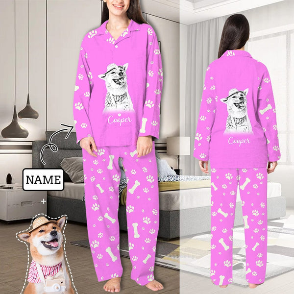 FacePajamas Pajama Pink / XS Custom Pet Photo & Name Pajamas Sleepwear Claw Multiple Colors Personalized Women's Slumber Party Long Pajama Set