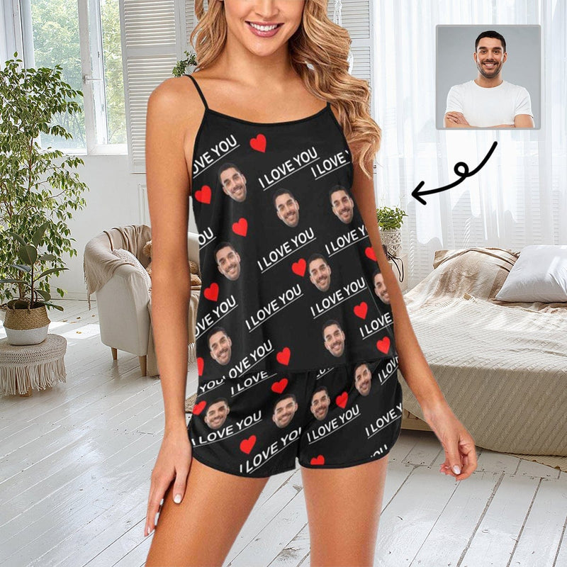 FacePajamas Pajama #Plus Size Pajama Set-Custom Boyfriend Face Sleepwear Personalized Women's Sexy Cami Pajama Set Honeymoon Gift