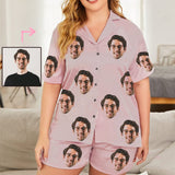 FacePajamas Pajama #Plus Size Pajama Set-[Up To 4 Faces] Custom Face Solid Color Loungewear Personalized Photo Sleepwear Women's V-Neck Short Pajama Set