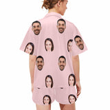 FacePajamas Pajama #Plus Size Pajama Set-[Up To 4 Faces] Custom Face Solid Color Loungewear Personalized Photo Sleepwear Women's V-Neck Short Pajama Set