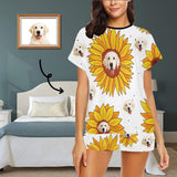 FacePajamas Pajama #Plus Size Pajamas-Custom Womens Short Pajamas Yellow Sunflower Loungewear Face Personalized Women's Short Pajama Set