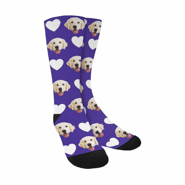 FacePajamas Sublimated Crew Socks Purple Custom Pet Socks Funny Printed Heart Dog Sublimated Crew Socks Personalized Photo Unisex Gift for Men Women