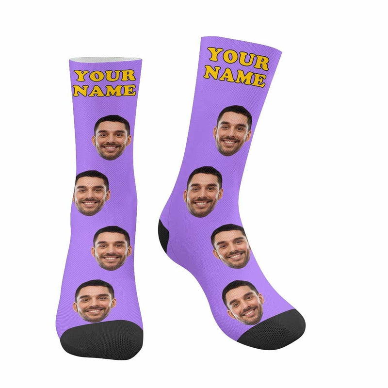 FacePajamas Sublimated Crew Socks Purple Face on Socks Custom Name Printed Photo Socks Personalized Hello Boyfriend Sublimated Crew Socks