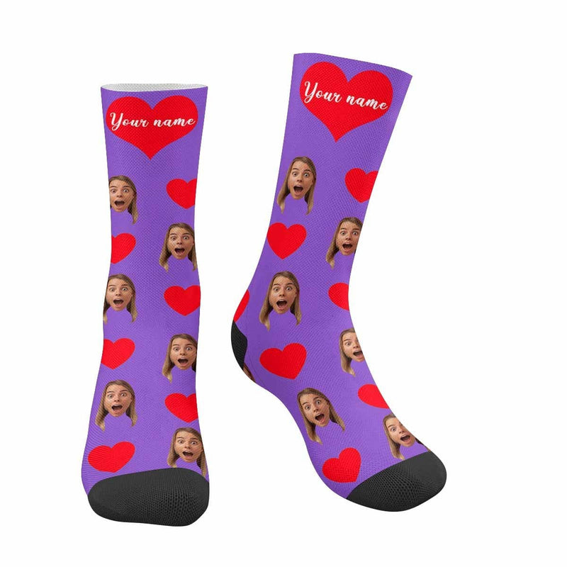 FacePajamas Sublimated Crew Socks Purple Happy Mother's Day | Custom Face&Name Red Heart Socks Personalized Cute Girlfriend Sublimated Crew Socks for Mom