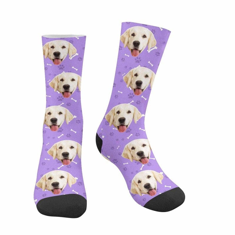 FacePajamas Sublimated Crew Socks Purple Happy Mother's Day | Custom Socks with Dog Face Printed Paw&Bone Pet Socks Personalized Sublimated Crew Socks for Mom
