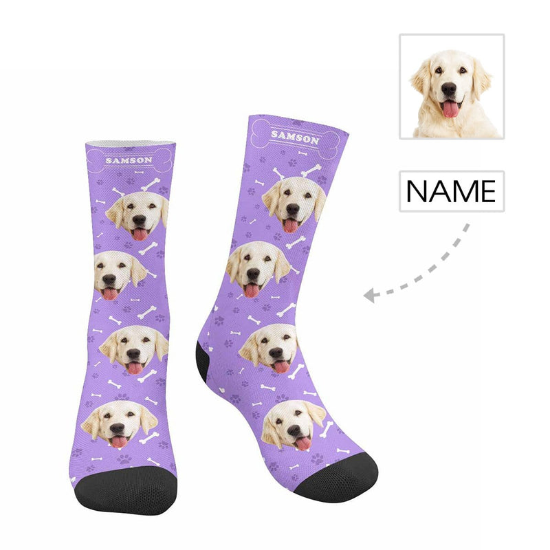 FacePajamas Sublimated Crew Socks Purple Personalized Pet Photo Socks Custom Face&Name Printed Socks I Love My Pet Sublimated Crew Socks
