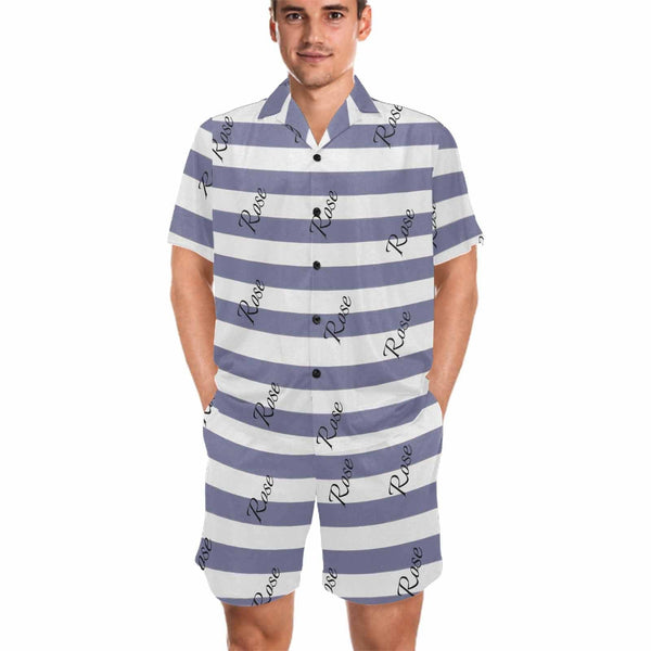 FacePajamas Pajama Purple / S Personalized Name Pajamas for Men Summer Loungewear Custom Stripe Men's V-Neck Short Sleeve Pajama Set