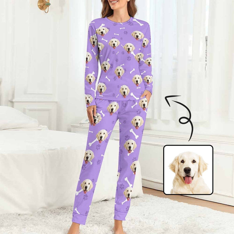 FacePajamas Pajama Purple / XS Custom Pet Dog's Face Bone & Footprint Sleepwear Personalized Women's Slumber Party Crewneck Long Pajamas Set