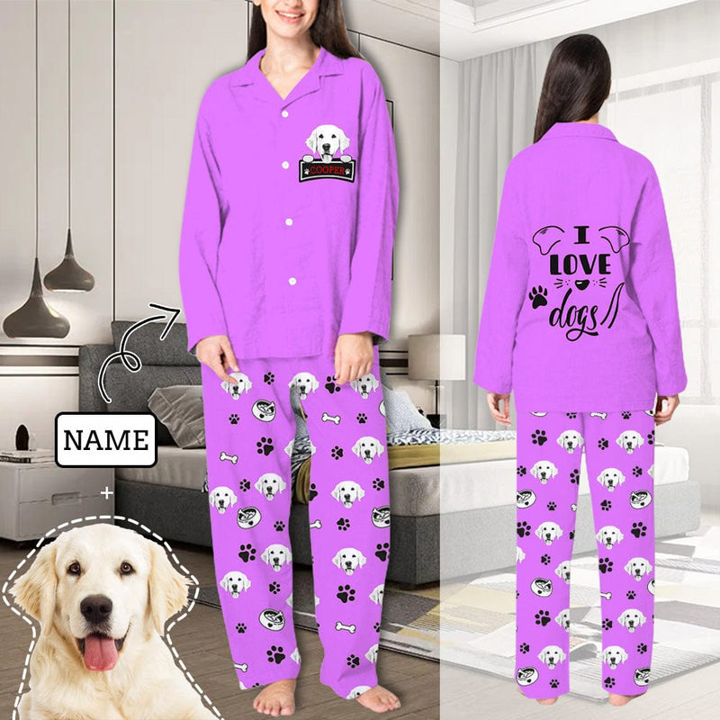 FacePajamas Pajama Purple / XS Custom Pet Face & Name Pajamas Sleepwear Multiple Colors Personalized Women's Slumber Party Long Pajama Set