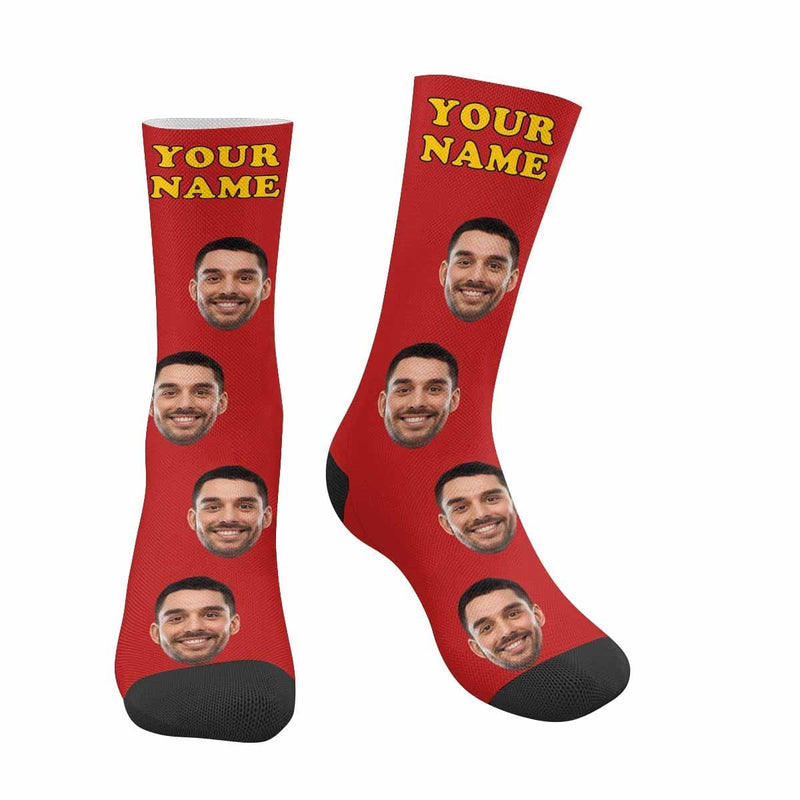 FacePajamas Sublimated Crew Socks Red Face on Socks Custom Name Printed Photo Socks Personalized Hello Boyfriend Sublimated Crew Socks