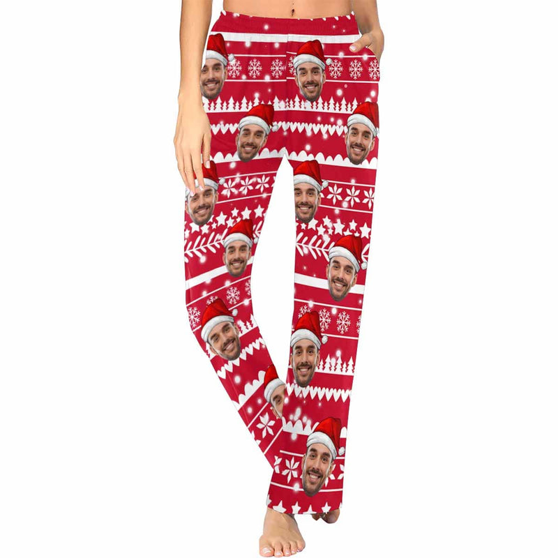 FacePajamas Pajama Shirt&Pants Red / For Women/XS Custom Face Christmas Red Hat Snowflake Sleepwear Personalized Women's&Men's Slumber Party Long Pajama Pants