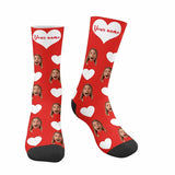 FacePajamas Sublimated Crew Socks Red Happy Mother's Day | Custom Face&Name Red Heart Socks Personalized Cute Girlfriend Sublimated Crew Socks for Mom