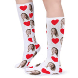 FacePajamas Sublimated Crew Socks-2WH-SDS Red Heart Socks with Face Custom Personalized White Background Sublimated Crew Socks