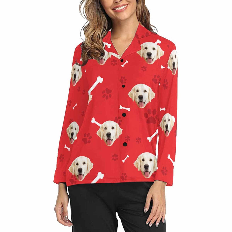 FacePajamas Pajama Red Shirt / XS Custom Photo My Pet Dog Sleepwear Personalized Women's Slumber Party Long Pajama Shirt&Pants