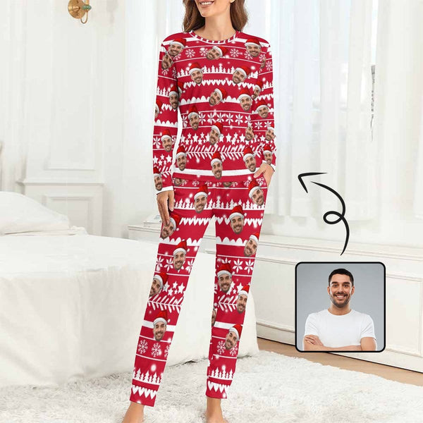 FacePajamas Pajama Red / XS Custom Boyfriend Face Christmas Pattern Sleepwear Personalized Women's Slumber Party Crewneck Long Pajamas Set