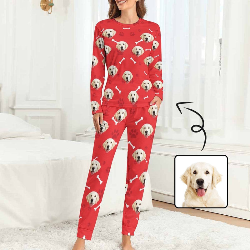 FacePajamas Pajama Red / XS Custom Pet Dog's Face Bone & Footprint Sleepwear Personalized Women's Slumber Party Crewneck Long Pajamas Set