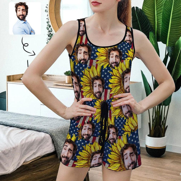 FacePajamas Pajama-2ML-SDS S Custom Boyfriend Face Pajama with Flag Sunflower Women's Short Jumpsuit Loungewear