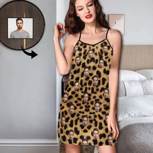 FacePajamas Pajama-2ML-SDS S Custom Face Husband Leopard Print Nightgown for Women Loose Sleepwear V Neck Pajama Dress Soft Nightshirt Sleeveless Nightdress Chemise