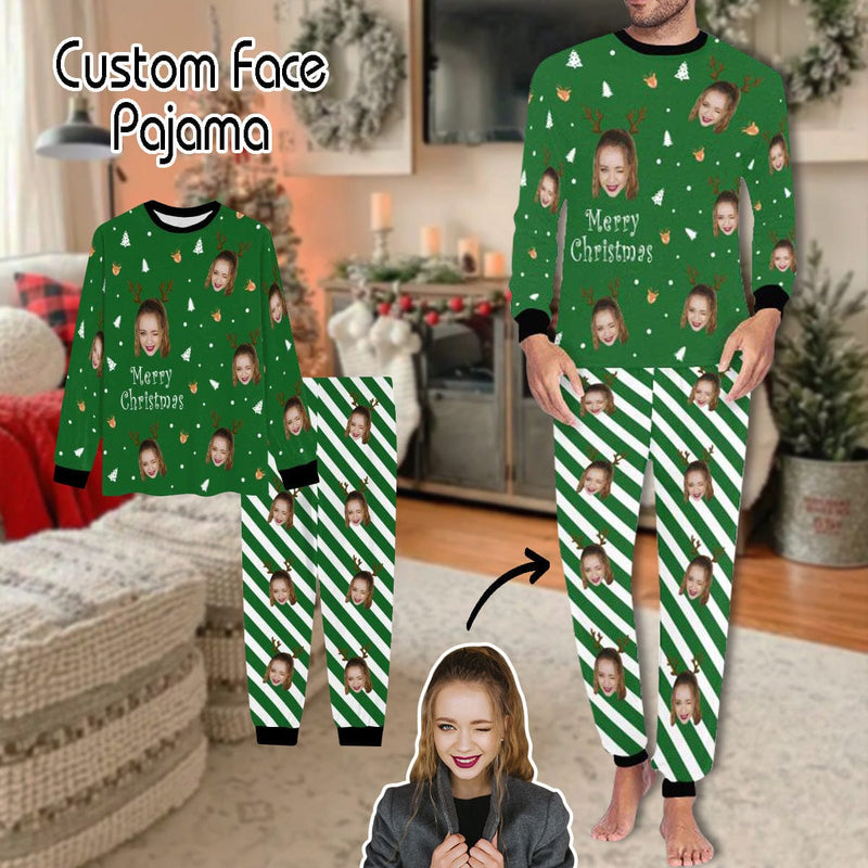 FacePajamas Pajama S Custom Face Pajamas Personalized Christmas Trees and Antlers Men's Crew Neck Long Sleeve Pajama Set
