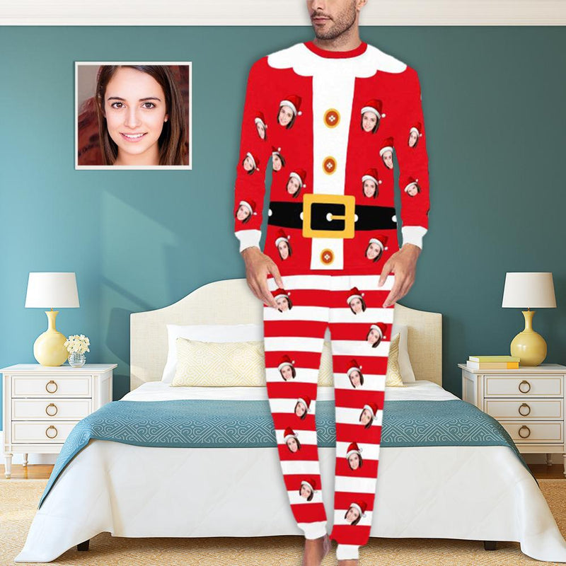 FacePajamas Pajama S Custom Face Red White Stripes Christmas Santa Claus Sleepwear Personalized Men's All Over Print Pajama Set