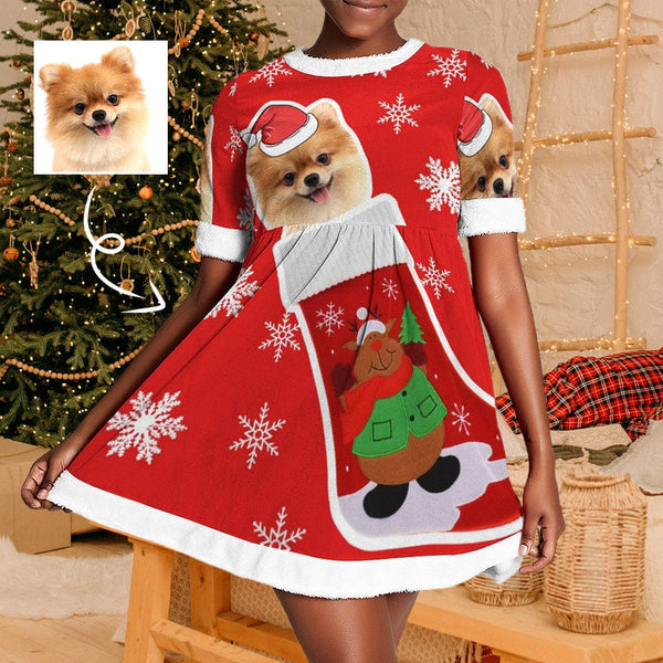 FacePajamas Christmas Dress-2ML-SDS S Custom Pet Face Dog Socks Red Hat Snowflake Chrismas Nightdress Personalized Women's Christmas Dress Pajamas