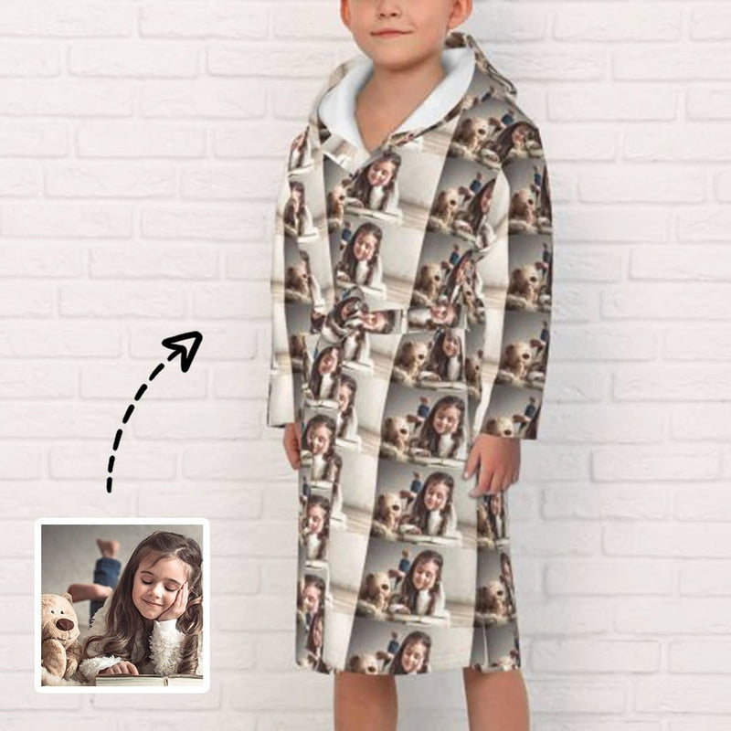 FacePajamas Pajama-2YX-ZW S Custom Photo Cute Girl Hooded Bathrobe Toddler Robe Personalized Kid's Robe Pajama Fleece Loungewear