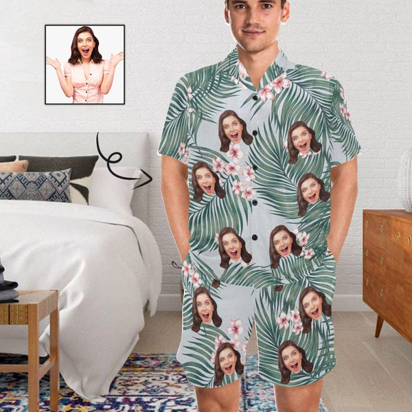 FacePajamas Pajama S Custom Photo Pajamas Flower&Leaves Summer Loungewear Personalized Men's V-Neck Short Sleeve Pajama Set
