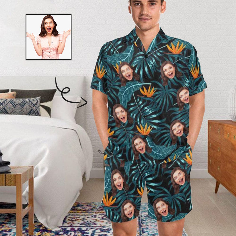 FacePajamas Pajama S Custom Photo Pajamas Palm Leaves Summer Loungewear Personalized Men's V-Neck Short Sleeve Pajama Set