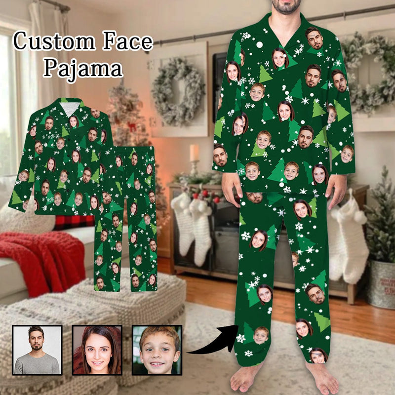 FacePajamas Pajama S Pajama Shirt&Pajama Pants-Custom Face Pajamas Christmas Trees Men's Sleepwear Personalized Photo Men's V-Neck Long Pajama Set