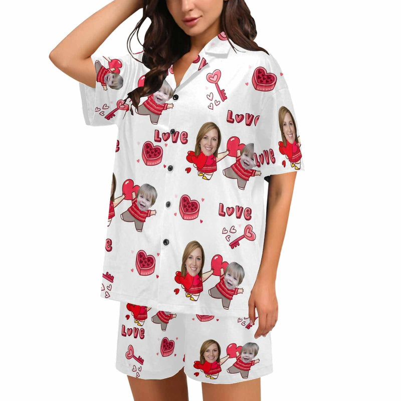 FacePajamas Pajama S [Special Sale] Custom Face Pajamas Love MOM&BABY Sleepwear Personalized Women's V-Neck Short Pajama Set Mother's Day & Birthday Gift