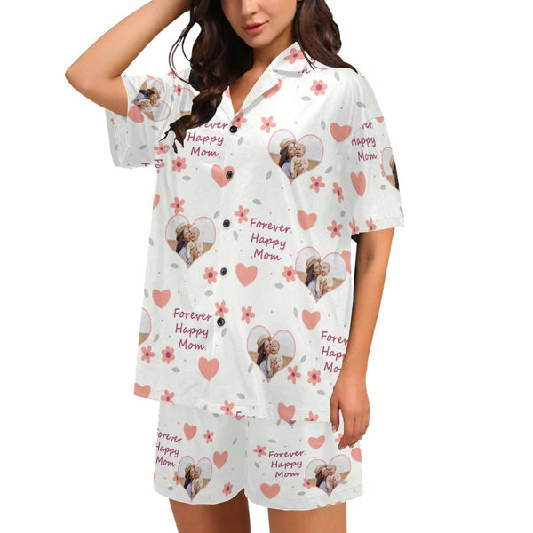 FacePajamas Pajama S [Special Sale] Custom Photo Pajamas Forever Happy MOM Sleepwear Personalized Women's V-Neck Short Pajama Set Mother's Day & Birthday Gift