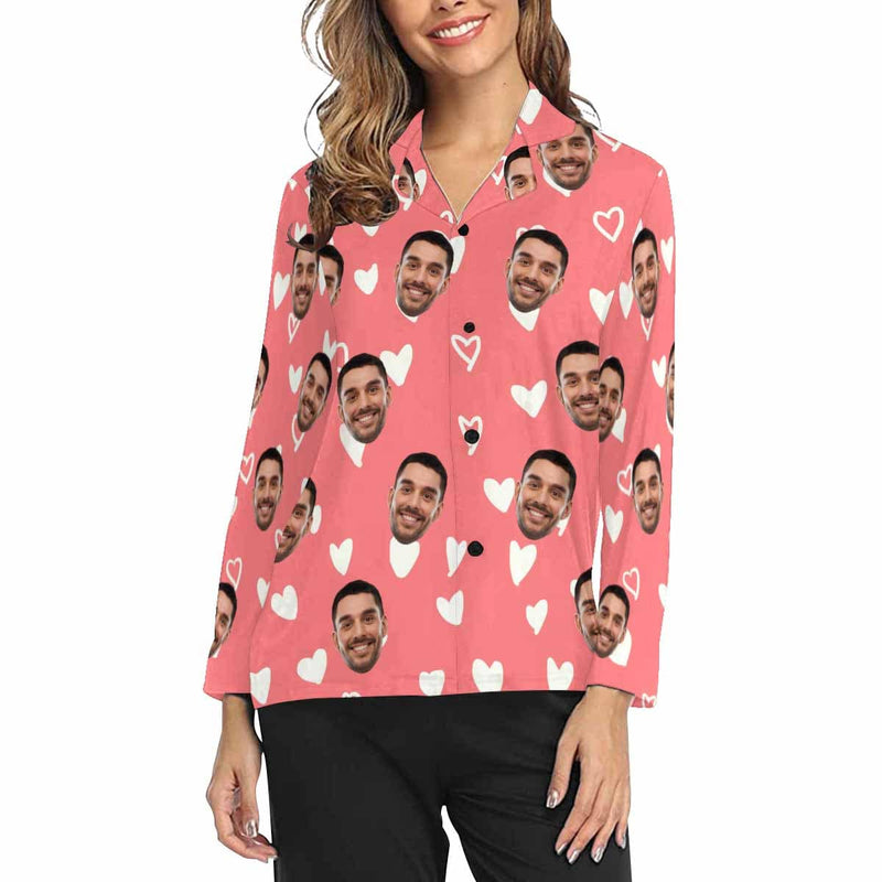 FacePajamas Pajama Shirt / XS Custom Boyfriend Face Heart Pink Background Nightwear Personalized Women's Slumber Party Long Pajama Set Shirt&Pants