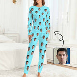 FacePajamas Pajama Sky Blue / XS Custom Boyfriend Face Simple Sleepwear Personalized Women's Slumber Party Crewneck Long Pajamas Set