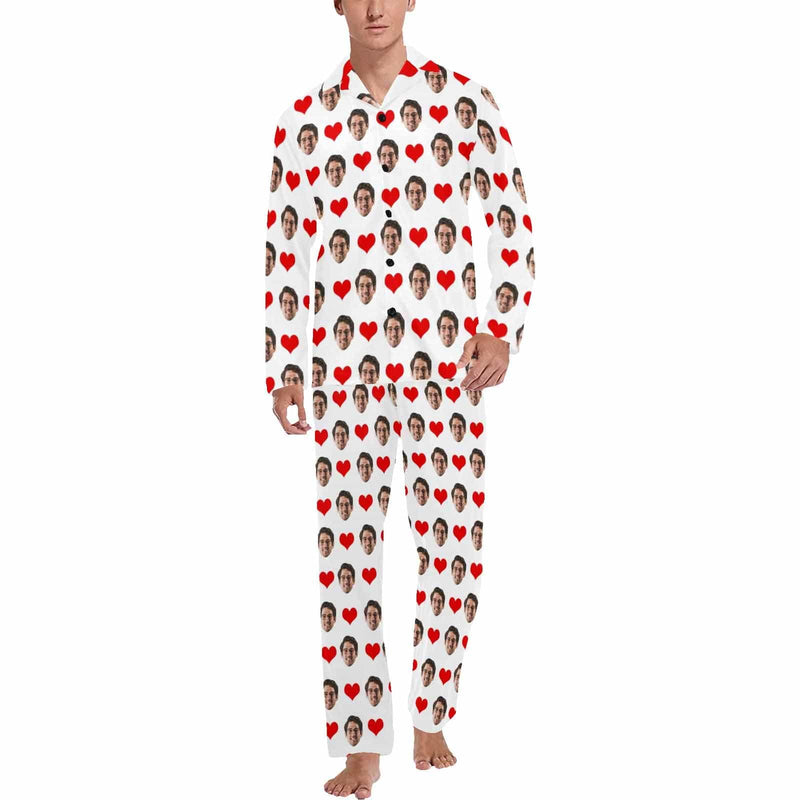 FacePajamas Pajama Soft Long Sleeve Pajamas for Men-Custom Face Red Heart Pajamas Personalized Men's V-Neck Long Sleeve Pajama Set Gift for Him