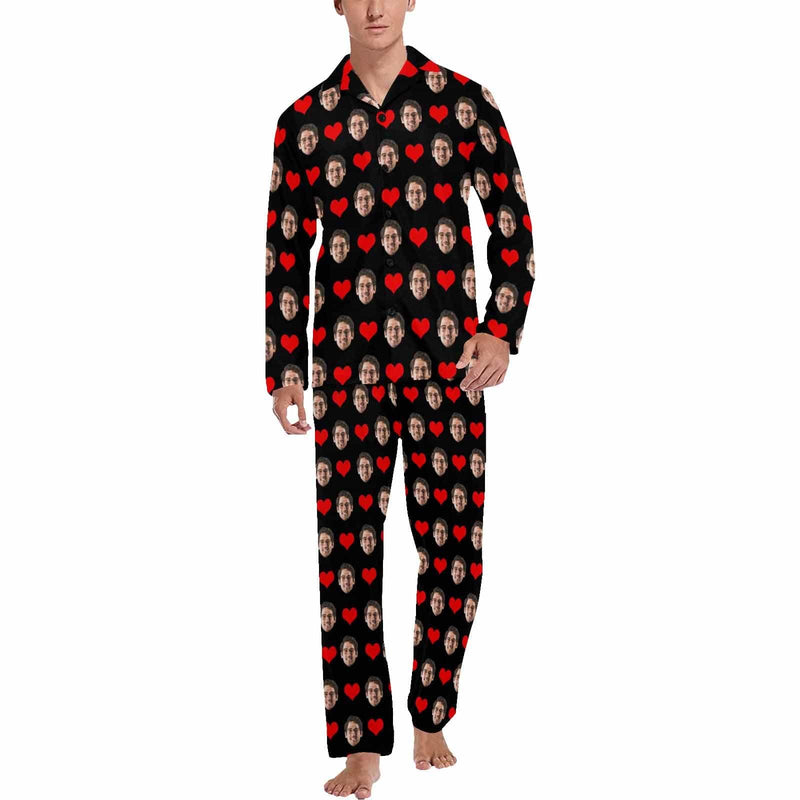 FacePajamas Pajama Soft Long Sleeve Pajamas for Men-Custom Face Red Heart Pajamas Personalized Men's V-Neck Long Sleeve Pajama Set Gift for Him